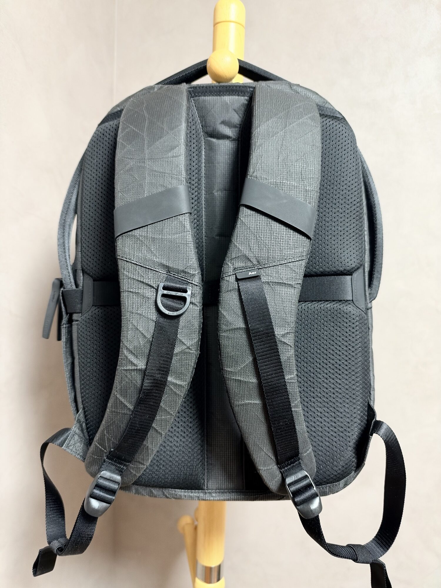Aer City Pack 2 Ultra 16Lの背面。パッド入りの背面パネルとショルダーストラップ
