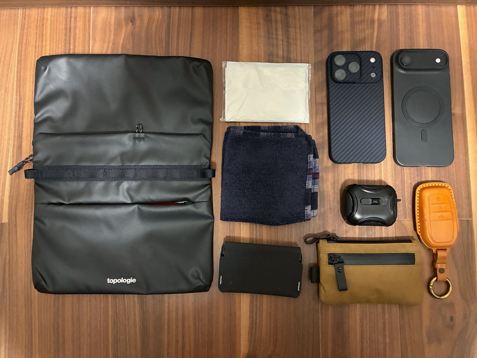 Flat Sacoche Smallと、スマートフォン2台や財布などの持ち物を並べた写真